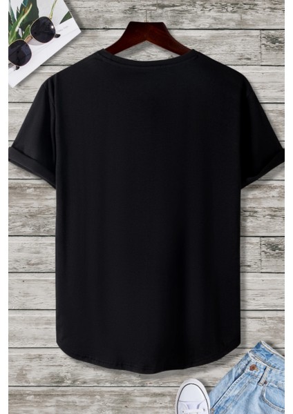 Erkek Siyah Bisiklet Yaka Oval Etek Salaş %100 Pamuk Basic T-Shirt fiyatları