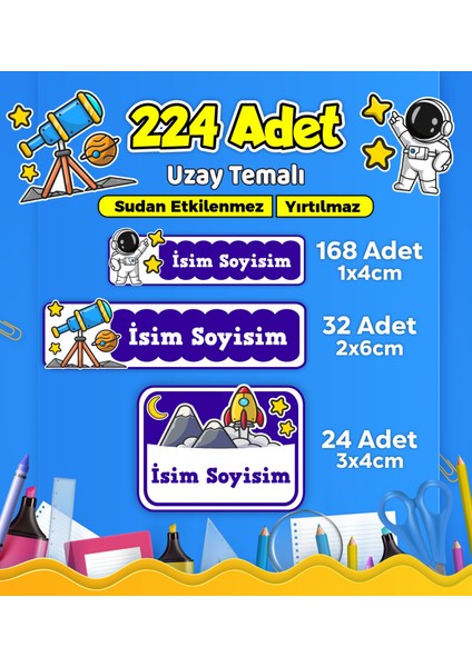 Uzay Temalı Okul Kreş Kişiye Özel Isim Etiket Seti - Model 527