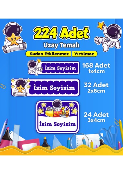Uzay Temalı Okul Kreş Kişiye Özel Isim Etiket Seti - Model 520
