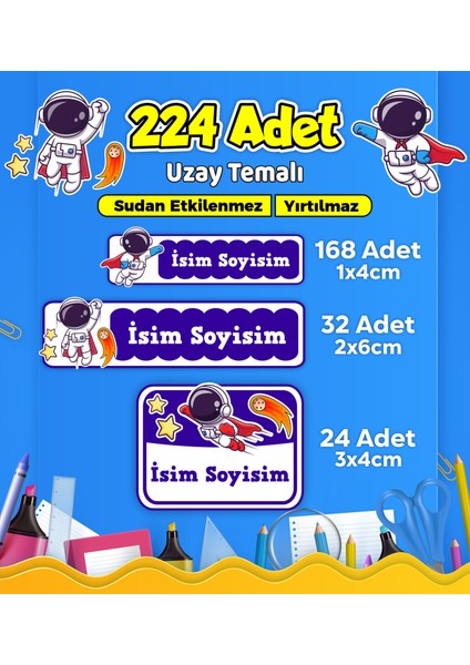 Uzay Temalı Okul Kreş Kişiye Özel Isim Etiket Seti - Model 522