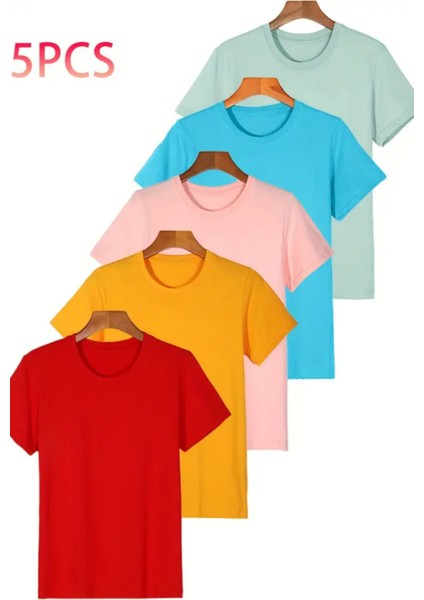 Erkek 5'li Kırmızı-Sarı-Pembe-Mavi-Su Yeşili Slim Fit Dar Kesim %100 Pamuk Tişört