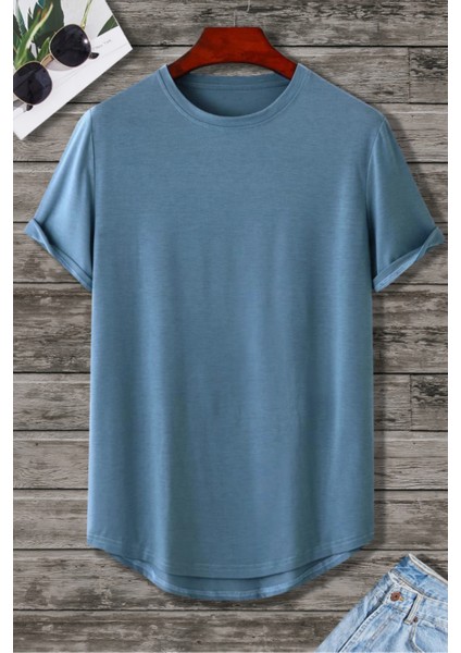 Erkek Mavi Bisiklet Yaka Oval Etek Salaş %100 Pamuk Basic T-Shirt