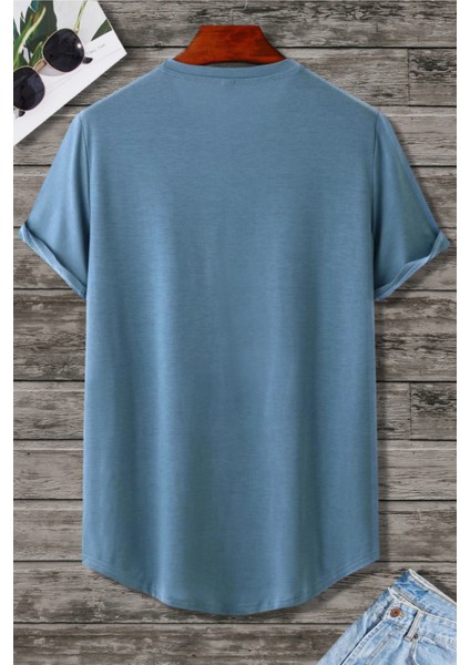 Erkek Mavi Bisiklet Yaka Oval Etek Salaş %100 Pamuk Basic T-Shirt fiyatları