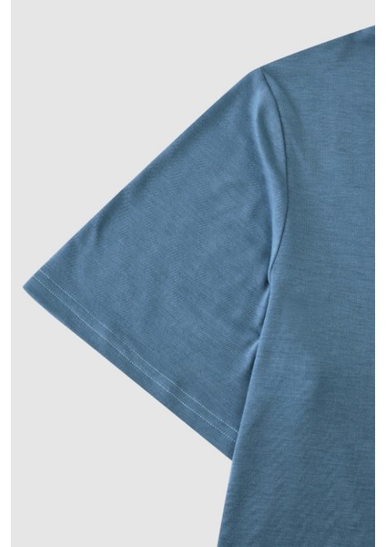 Erkek Mavi Bisiklet Yaka Oval Etek Salaş %100 Pamuk Basic T-Shirt modelleri