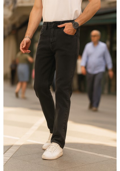 Erkek Pamuklu Yüksek Bel Bol Siyah Baggy Kot Pantolon