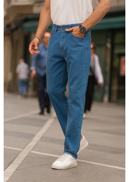 Erkek Pamuklu Yüksek Bel Bol Mavi Baggy Kot Pantolon