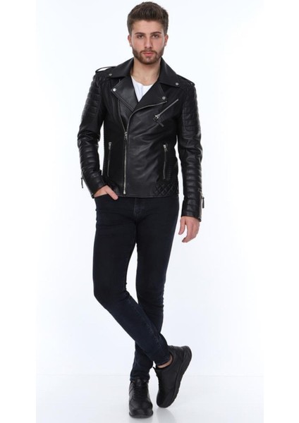 Hakiki Deri Siyah Manuel Fermuarlı Erkek Deri Ceket fiyatları