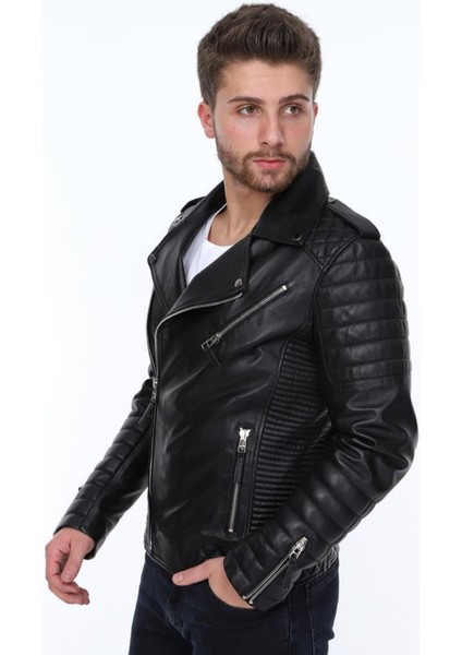 Hakiki Deri Siyah Manuel Fermuarlı Erkek Deri Ceket modelleri