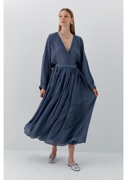 Beli Lastikli Uzun Etek Indigo