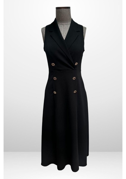 Kadın Kruvaze Yaka Astarlı Çift Yırtmaçlı Düğme Detaylı Midi Krep Elbise