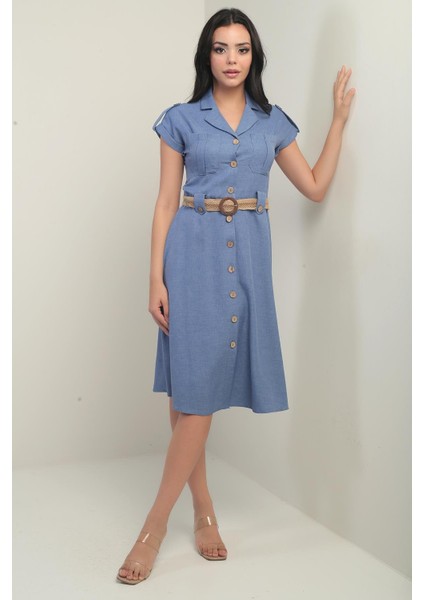 Kadın Yakalı Düşük Omuz Çift Cepli Kemerli Keten Efektli Elbise