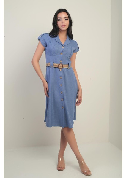 Kadın Yakalı Düşük Omuz Çift Cepli Kemerli Keten Efektli Elbise fiyatları