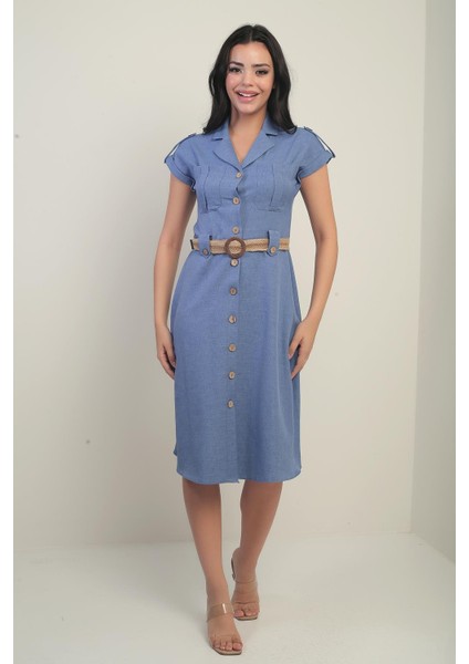 Kadın Yakalı Düşük Omuz Çift Cepli Kemerli Keten Efektli Elbise modelleri