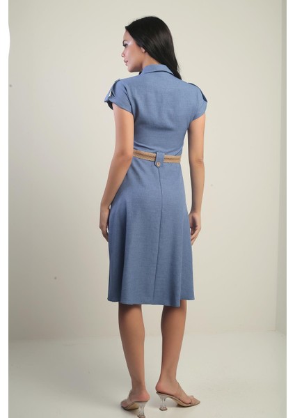 Kadın Yakalı Düşük Omuz Çift Cepli Kemerli Keten Efektli Elbise fırsatları