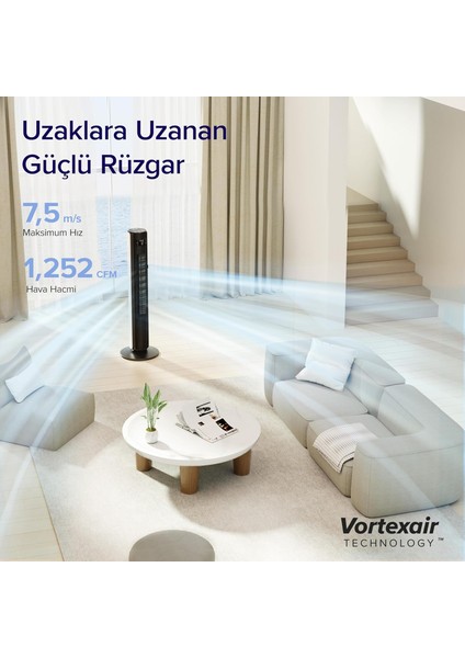 Kule Vantilatör LTF-F422-WEU 7,5 M/s, 23 W, 25 Db Sessiz Uzaktan Kumandalı, 12 Hız Kademesi, 4 Mod,