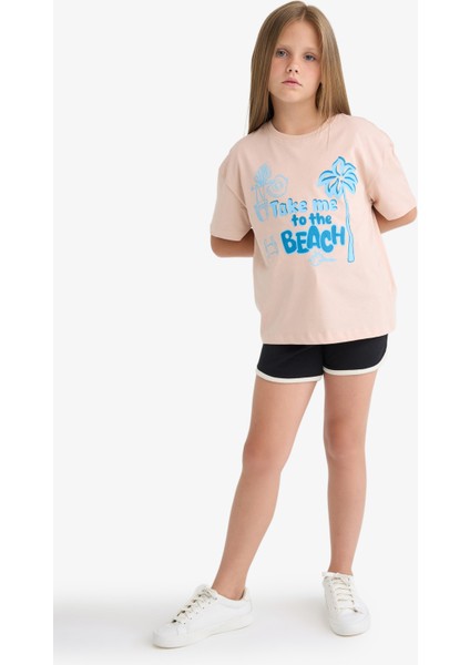 Kız Çocuk Relax Fit Bisiklet Yaka Baskılı Kısa Kollu Tişört E0389A825SM fiyatları