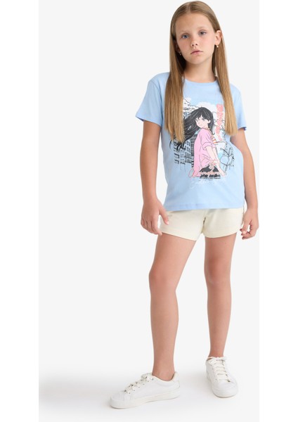 Kız Çocuk Bisiklet Yaka Anime Baskılı Kısa Kollu Tişört E0351A825SM fiyatları