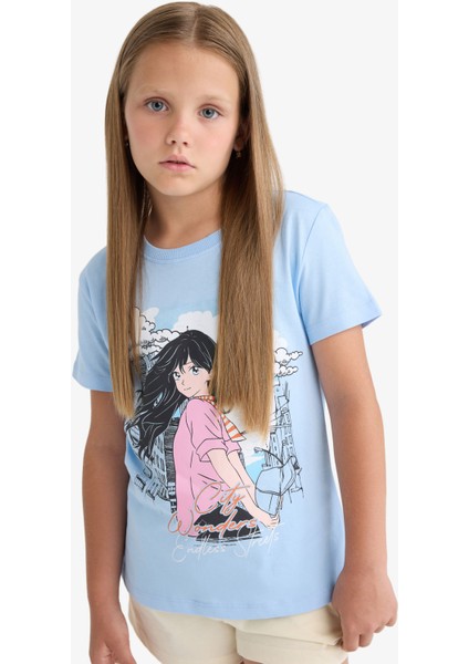 Kız Çocuk Bisiklet Yaka Anime Baskılı Kısa Kollu Tişört E0351A825SM fırsatları