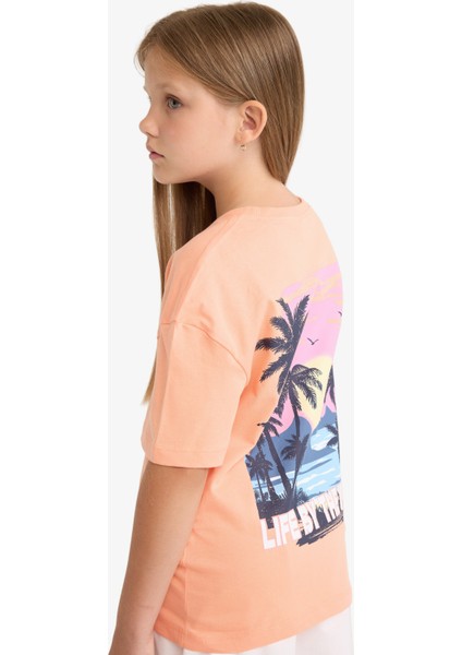 Kız Çocuk Relax Fit Bisiklet Yaka Sırt Baskılı Kısa Kollu Tişört E0354A825SM