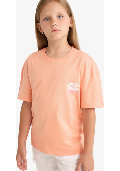 Kız Çocuk Relax Fit Bisiklet Yaka Sırt Baskılı Kısa Kollu Tişört E0354A825SM modelleri