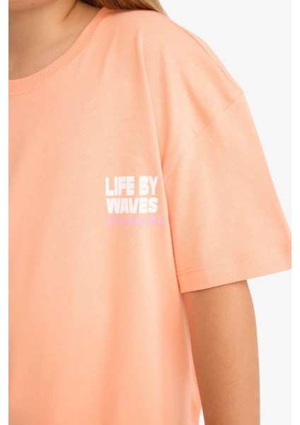 Kız Çocuk Relax Fit Bisiklet Yaka Sırt Baskılı Kısa Kollu Tişört E0354A825SM