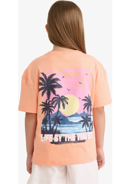 Kız Çocuk Relax Fit Bisiklet Yaka Sırt Baskılı Kısa Kollu Tişört E0354A825SM