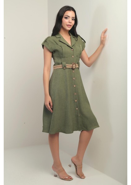 Kadın Yakalı Düşük Omuz Çift Cepli Kemerli Keten Efektli Elbise