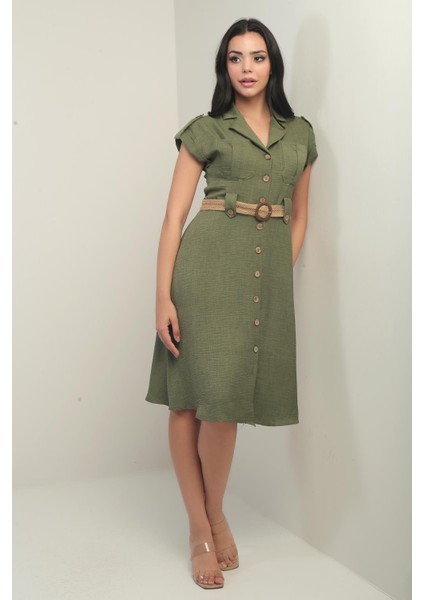 Kadın Yakalı Düşük Omuz Çift Cepli Kemerli Keten Efektli Elbise fiyatları