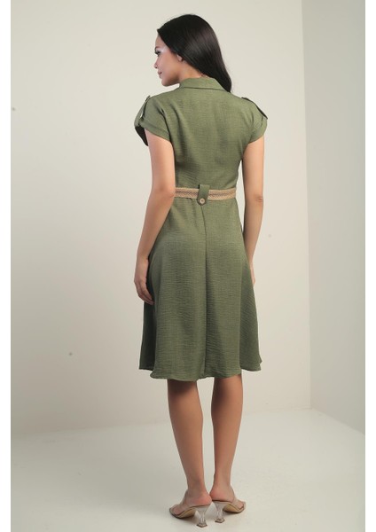 Kadın Yakalı Düşük Omuz Çift Cepli Kemerli Keten Efektli Elbise fırsatları