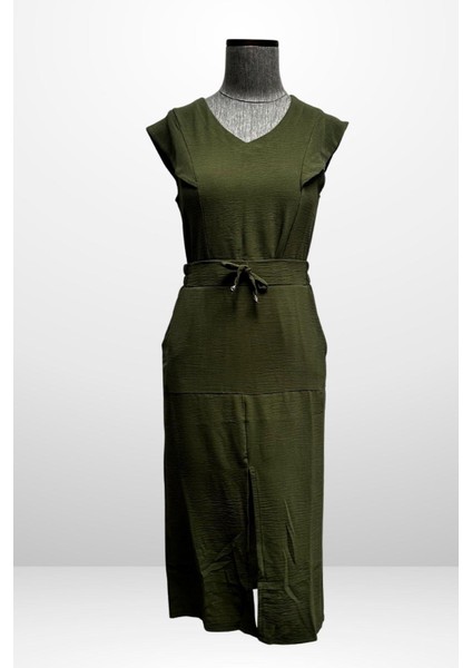 Kadın V Yaka Bluz Beli Lastikli Cepli Önü Yırtmaçlı Etek 2'li Takım