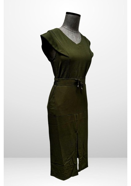 Kadın V Yaka Bluz Beli Lastikli Cepli Önü Yırtmaçlı Etek 2'li Takım modelleri