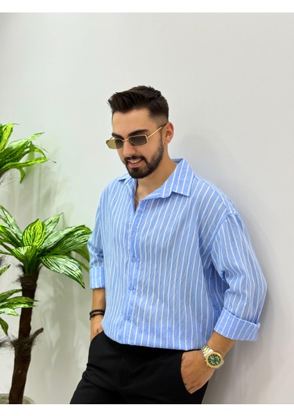 Erkek Uzun Kol Gömlek Olive Efektif Keten Oversize Çizgili Pamuk Keten Gömlek