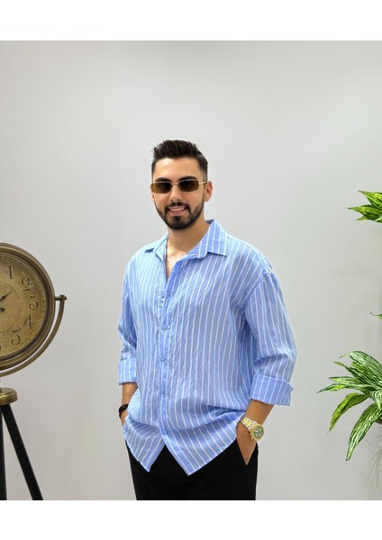 Erkek Uzun Kol Gömlek Olive Efektif Keten Oversize Çizgili Pamuk Keten Gömlek fırsatları