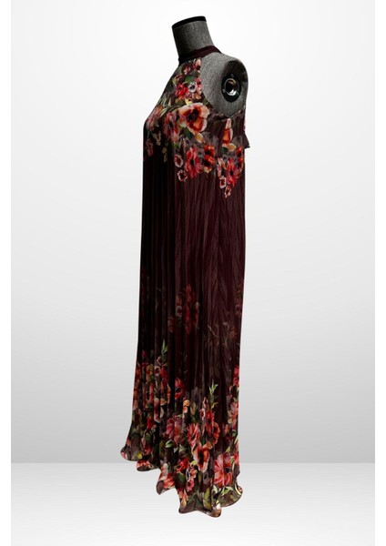 Kadın Çiçek Desenli Astarlı Plisoley Şifon Uzun Elbise fiyatları