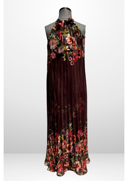 Kadın Çiçek Desenli Astarlı Plisoley Şifon Uzun Elbise modelleri