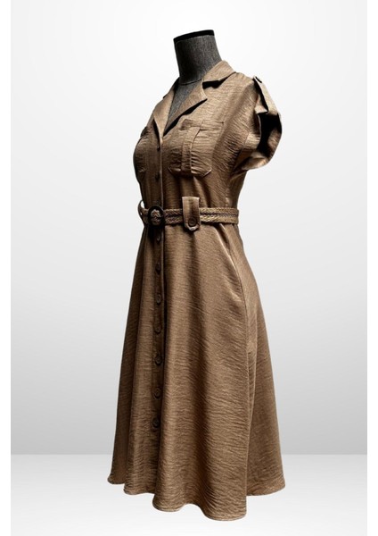 Kadın Yakalı Düşük Omuz Çift Cepli Kemerli Keten Efektli Elbise fiyatları