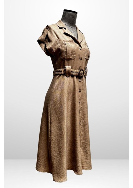 Kadın Yakalı Düşük Omuz Çift Cepli Kemerli Keten Efektli Elbise modelleri