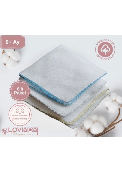 Pamuk Havlu Kumaş Bebek Mendil 6’lı Set Ekstra Yumuşak, Büyük Boy Ter Bezi 28X28 cm