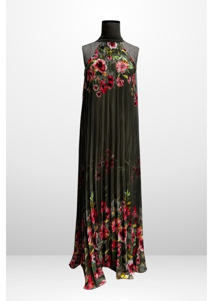 Kadın Çiçek Desenli Astarlı Plisoley Şifon Uzun Elbise