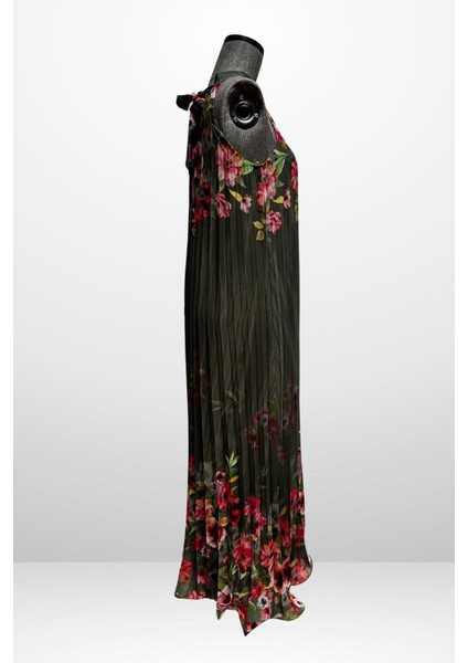 Kadın Çiçek Desenli Astarlı Plisoley Şifon Uzun Elbise modelleri