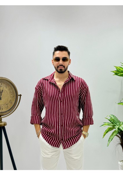 Erkek Uzun Kol Gömlek Olive Efektif Keten Oversize Çizgili Pamuk Keten Gömlek