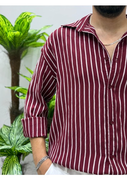 Erkek Uzun Kol Gömlek Olive Efektif Keten Oversize Çizgili Pamuk Keten Gömlek fırsatları