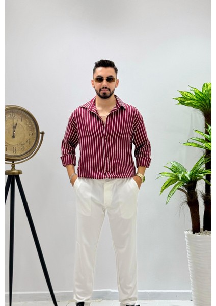 Erkek Uzun Kol Gömlek Olive Efektif Keten Oversize Çizgili Pamuk Keten Gömlek indirimleri