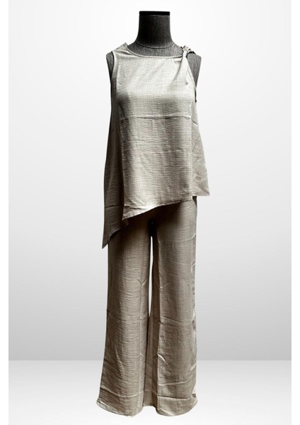 Kadın Toka Detaylı Eteği Asimetrik Bluz Beli Lastikli Cepli Palazzo Pantolon Keten 2'li Takım