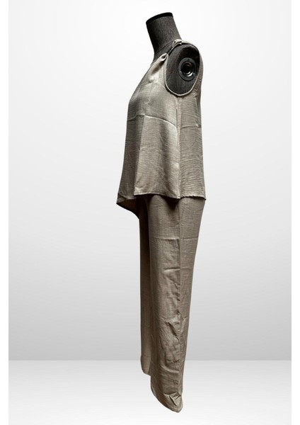 Kadın Toka Detaylı Eteği Asimetrik Bluz Beli Lastikli Cepli Palazzo Pantolon Keten 2'li Takım fiyatları