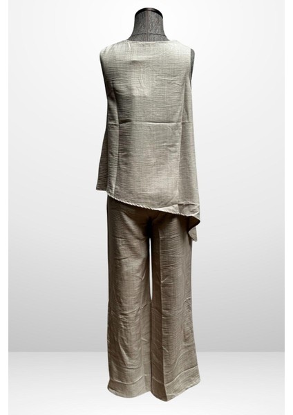 Kadın Toka Detaylı Eteği Asimetrik Bluz Beli Lastikli Cepli Palazzo Pantolon Keten 2'li Takım modelleri