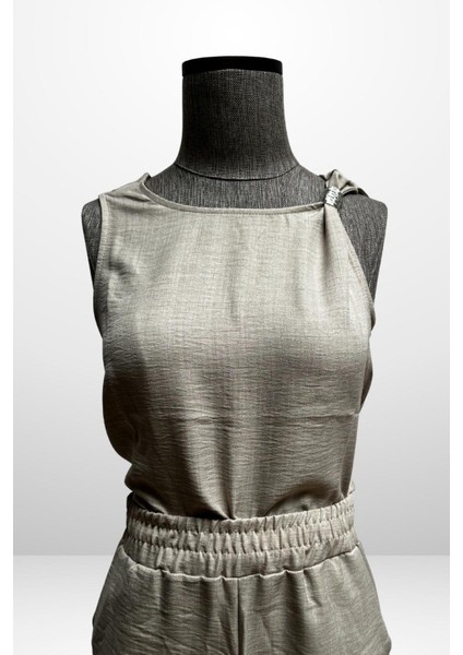 Kadın Toka Detaylı Eteği Asimetrik Bluz Beli Lastikli Cepli Palazzo Pantolon Keten 2'li Takım fırsatları