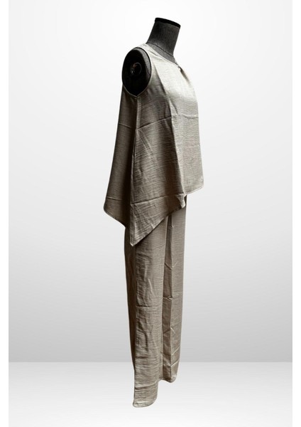 Kadın Toka Detaylı Eteği Asimetrik Bluz Beli Lastikli Cepli Palazzo Pantolon Keten 2'li Takım indirimleri