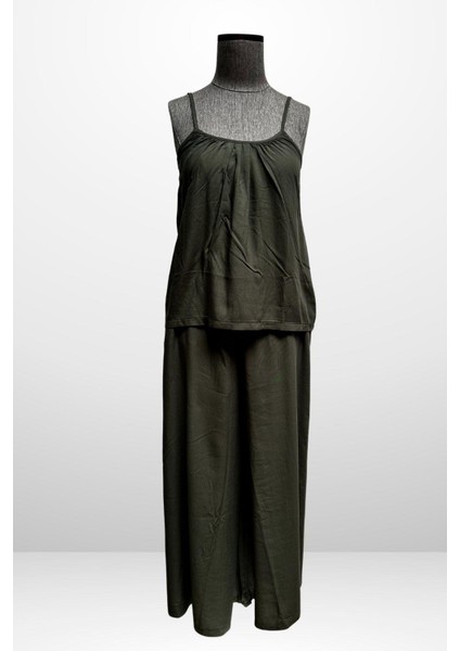 Kadın Ip Askılı Bluz Beli Lastikli Cepli Palazzo Pantolon 2'li Takım fırsatları