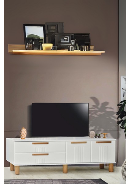 Dia Tv Sehpası 2 Kapaklı Ve 2 Çekmeceli Tasarım Beyaz Krem - 160x35x52 Cm